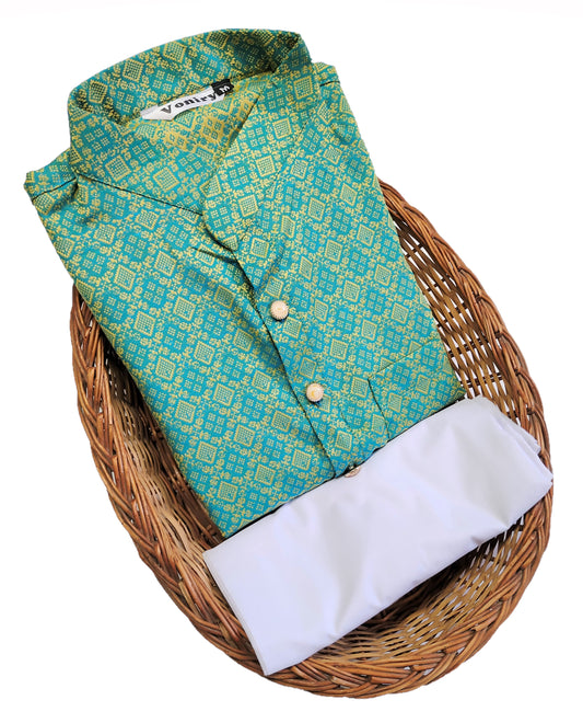 Men Sea Green Regular Full Sleeve Silk Cotton Kurta with White Pajama Set