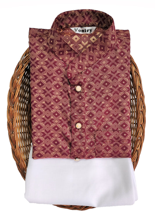 Men Maroon Regular Full Sleeve Silk Cotton Kurta with White Pajama Set
