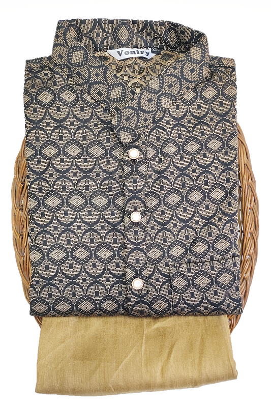Men Black Regular Full Sleeve Silk Cotton Kurta with Golden Pajama Set