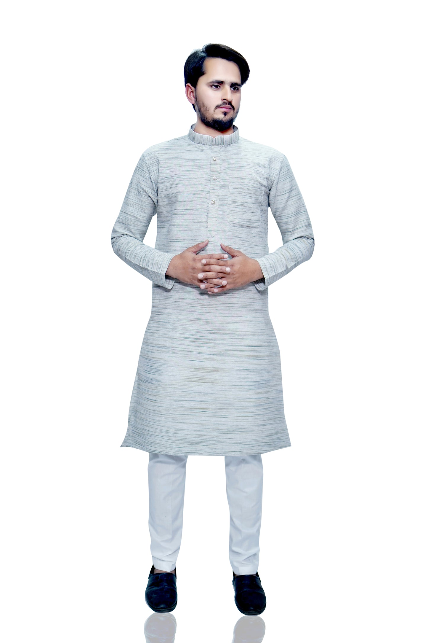Men's Light Grey Cotton Khadi Kurta Pajama Set
