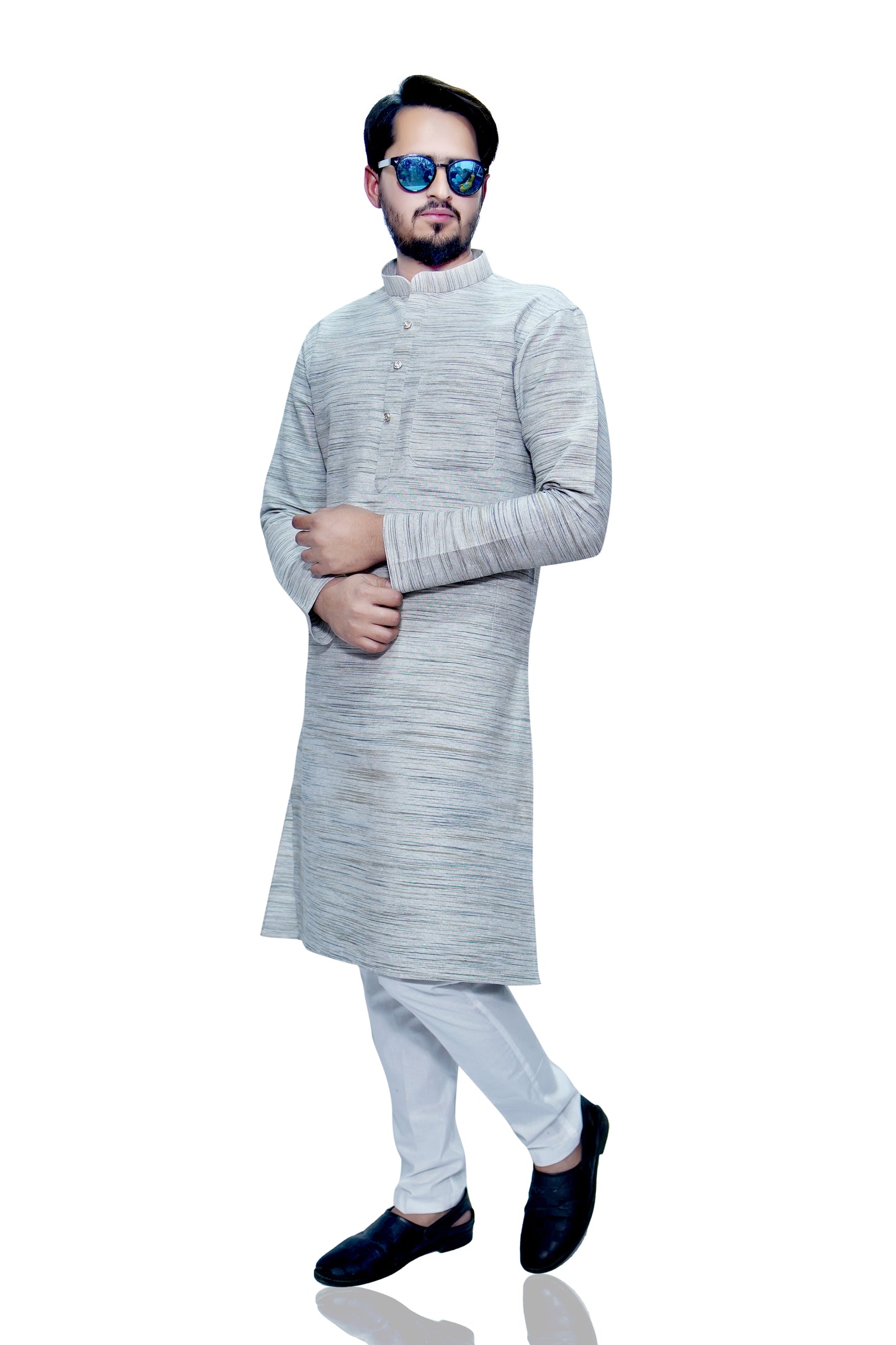 Men's Light Grey Cotton Khadi Kurta Pajama Set
