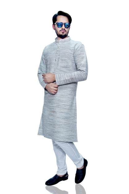 Men's Light Grey Cotton Khadi Kurta Pajama Set