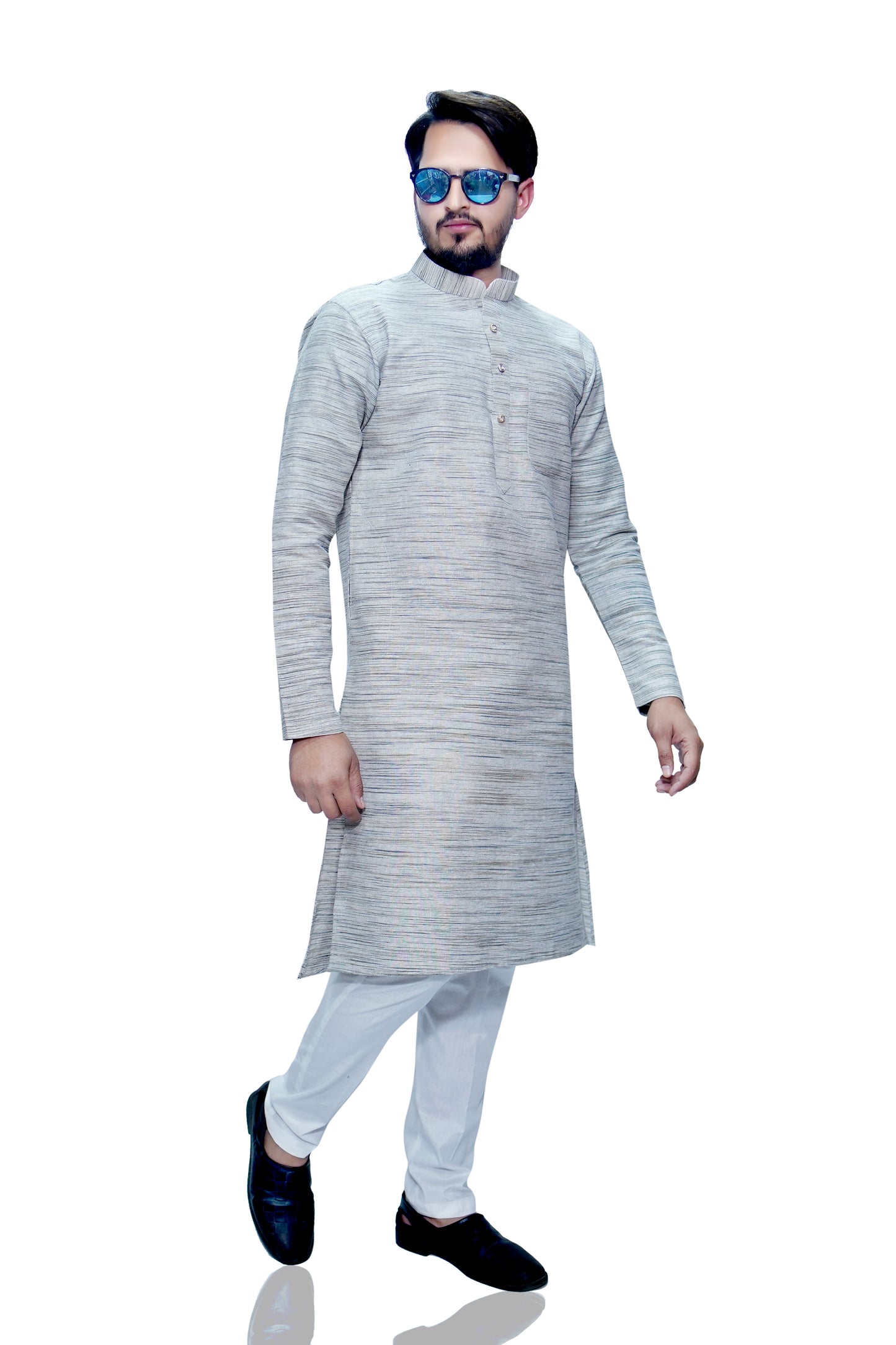 Men's Light Grey Cotton Khadi Kurta Pajama Set