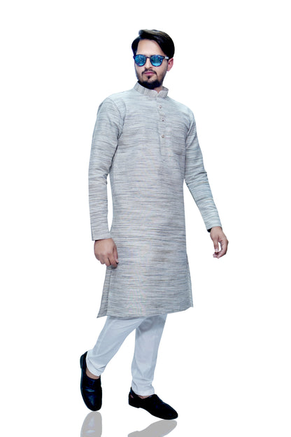 Men's Light Grey Cotton Khadi Kurta Pajama Set