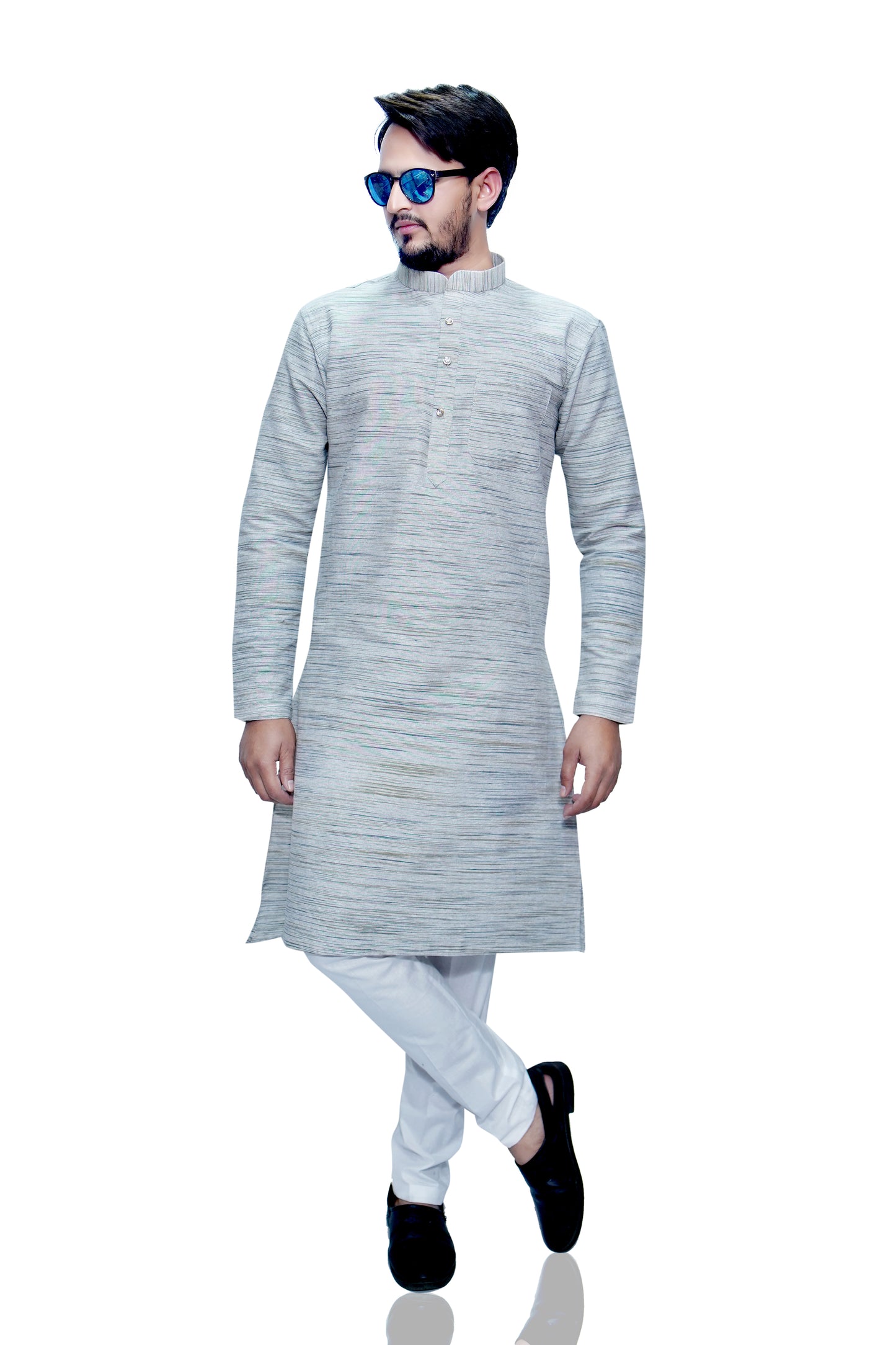 Men's Light Grey Cotton Khadi Kurta Pajama Set