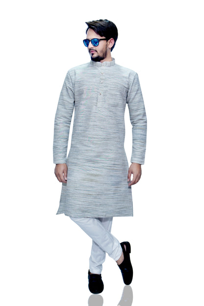 Men's Light Grey Cotton Khadi Kurta Pajama Set