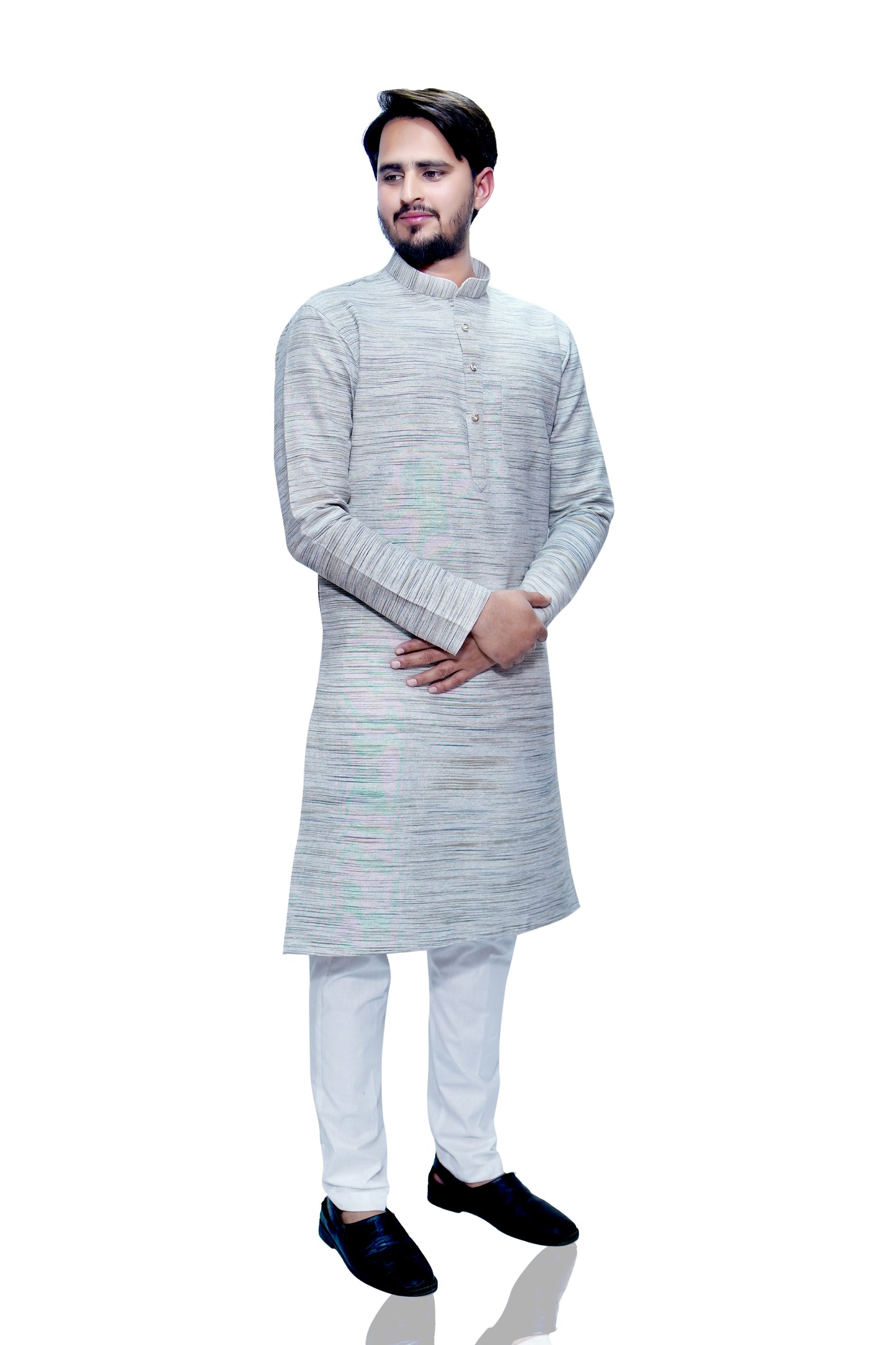 Men's Light Grey Cotton Khadi Kurta Pajama Set