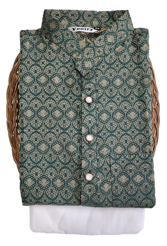 Men Dark Green Regular Full Sleeve Silk Cotton Kurta with White Pajama Set
