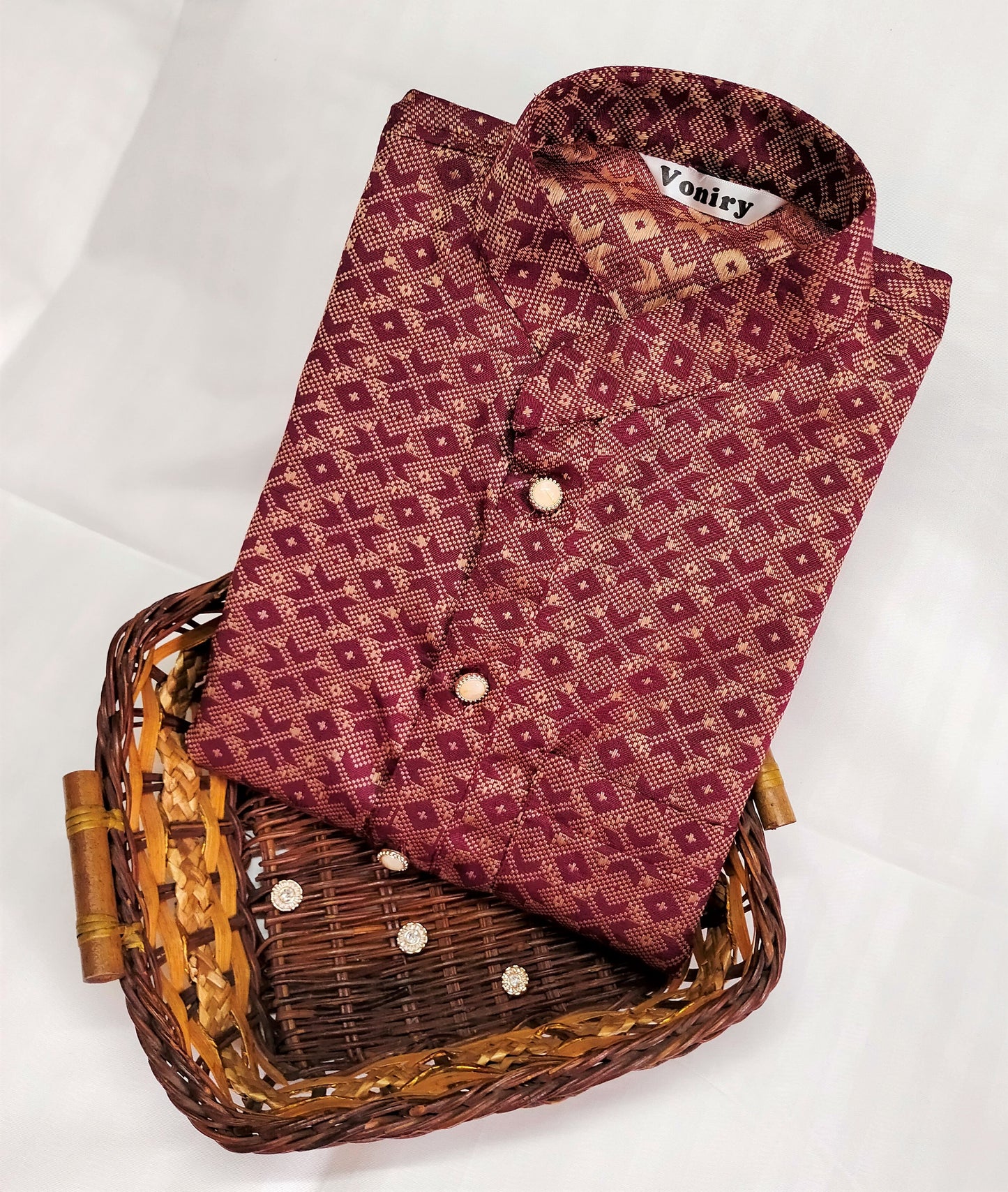 Men Maroon Regular Full Sleeve Silk Cotton Kurta with Golden Pajama Set