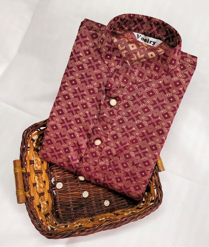 Men Maroon Regular Full Sleeve Silk Cotton Kurta with Golden Pajama Set