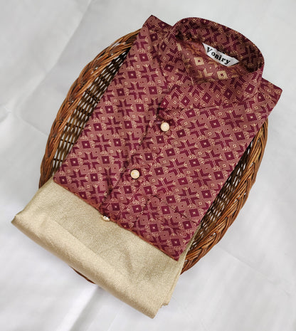 Men Maroon Regular Full Sleeve Silk Cotton Kurta with Golden Pajama Set