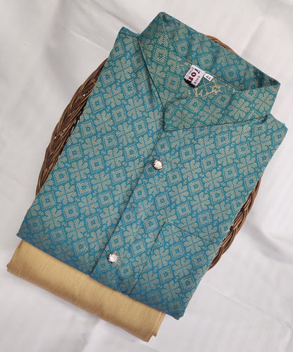 Men Light Blue Regular Full Sleeve Silk Cotton Kurta with Golden Pajama Set