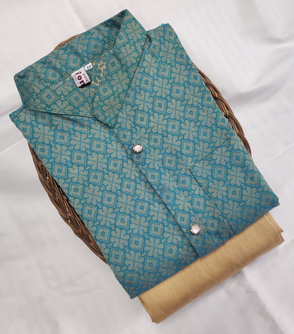 Men Light Blue Regular Full Sleeve Silk Cotton Kurta with Golden Pajama Set