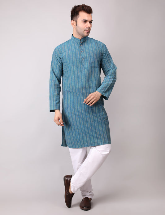 Men's Firozi Striped Cotton Kurta Pajama Set