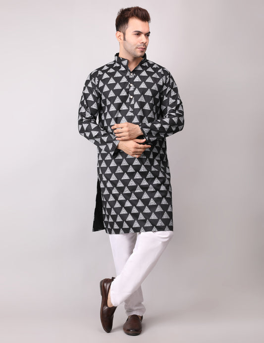 Men's Black Cotton Printed Kurta Pajama Set