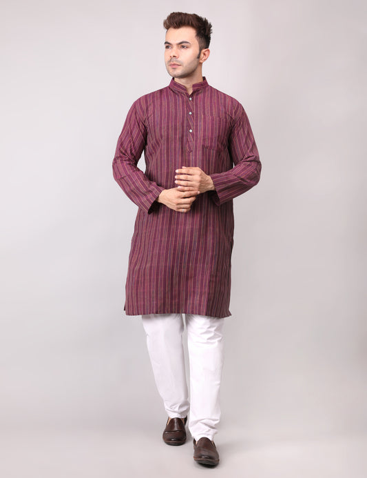 Men's Wine Striped Cotton Kurta Pajama Set