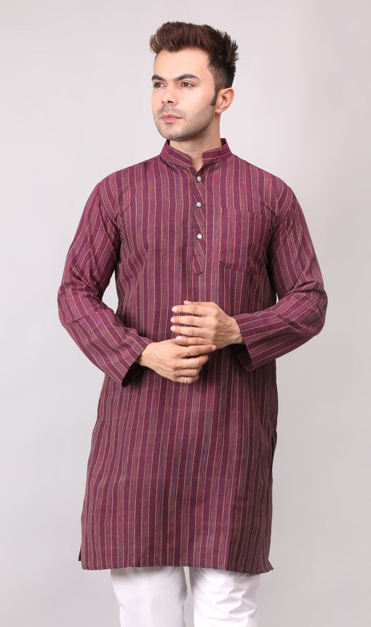 Men's Wine Striped Cotton Kurta