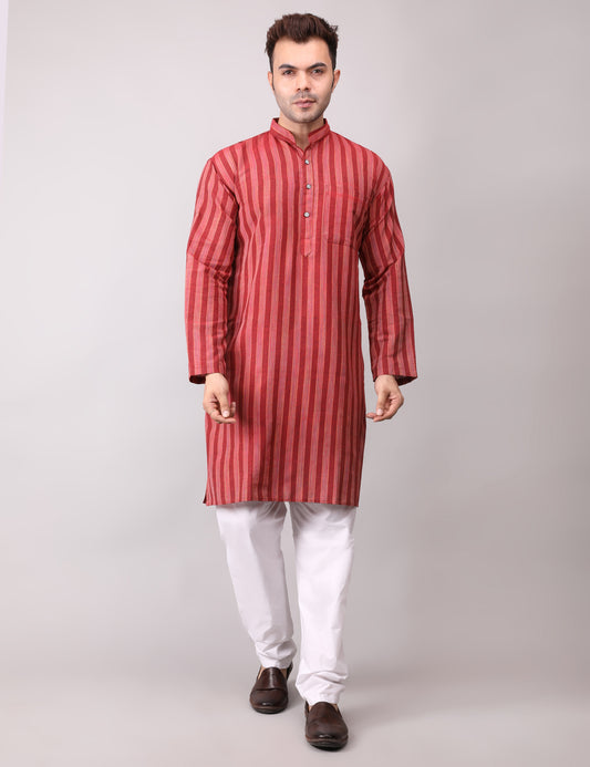 Men's Maroon Striped Cotton Kurta Pajama Set