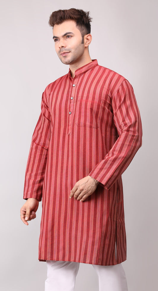 Men's Maroon Striped Cotton Kurta
