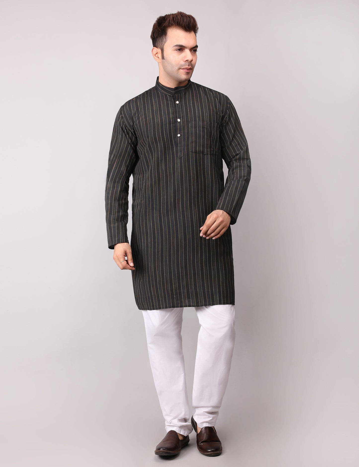 Men's Black Striped Cotton Kurta Pajama Set