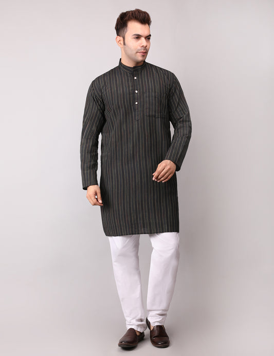 Men's Black Striped Cotton Kurta Pajama Set