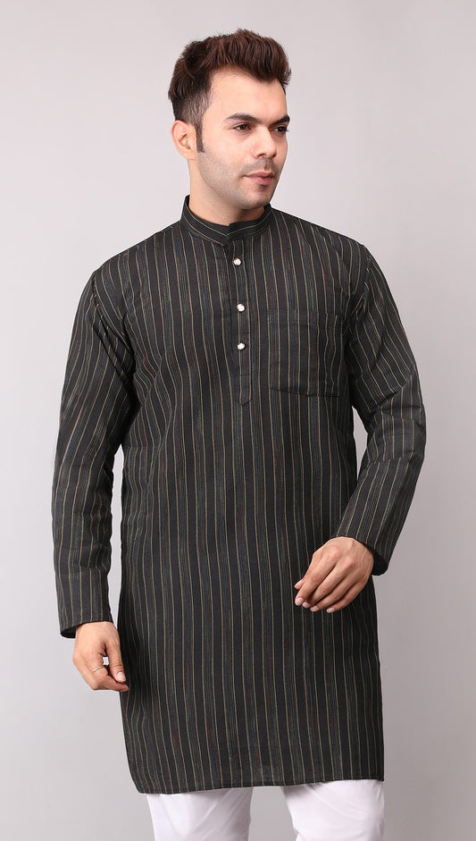 Men's Black Striped Cotton Kurta