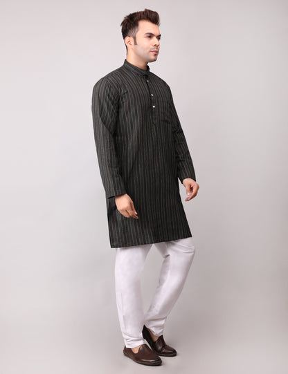 Men's Black Striped Cotton Kurta Pajama Set