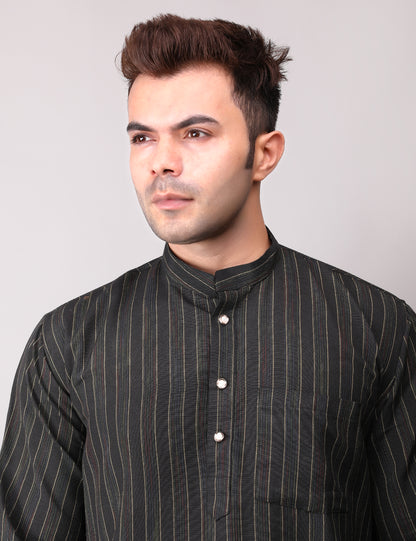 Men's Black Striped Cotton Kurta Pajama Set