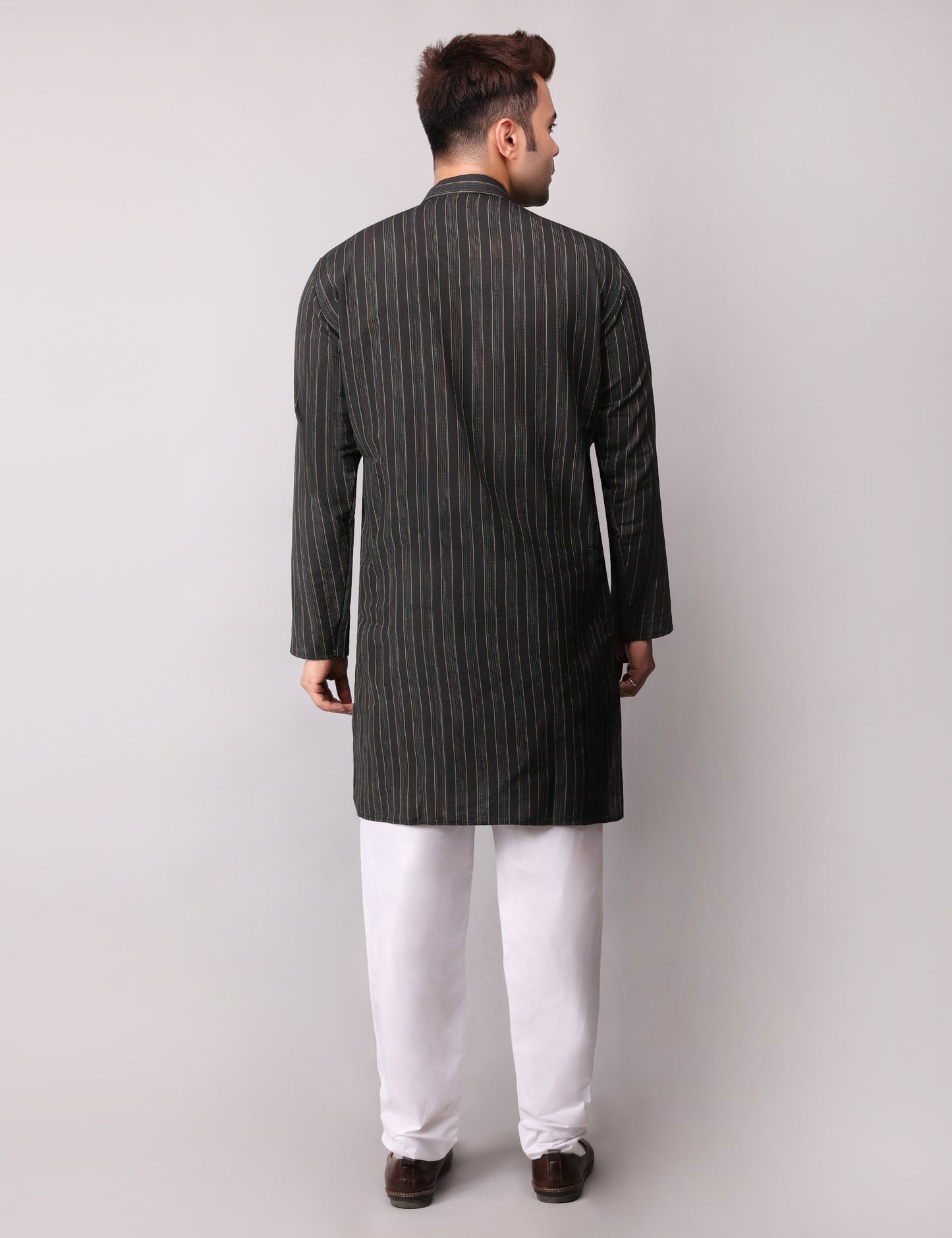 Men's Black Striped Cotton Kurta Pajama Set