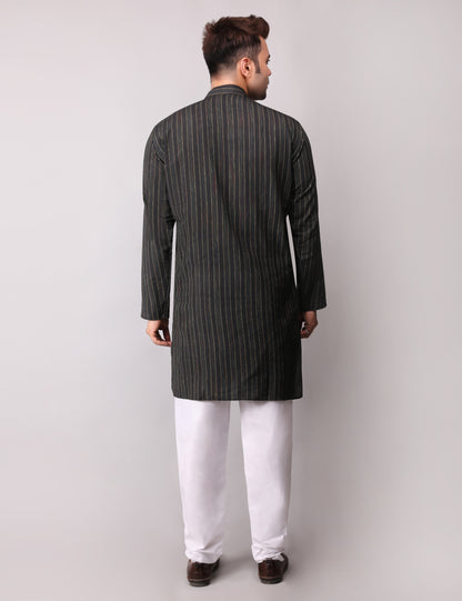 Men's Black Striped Cotton Kurta Pajama Set