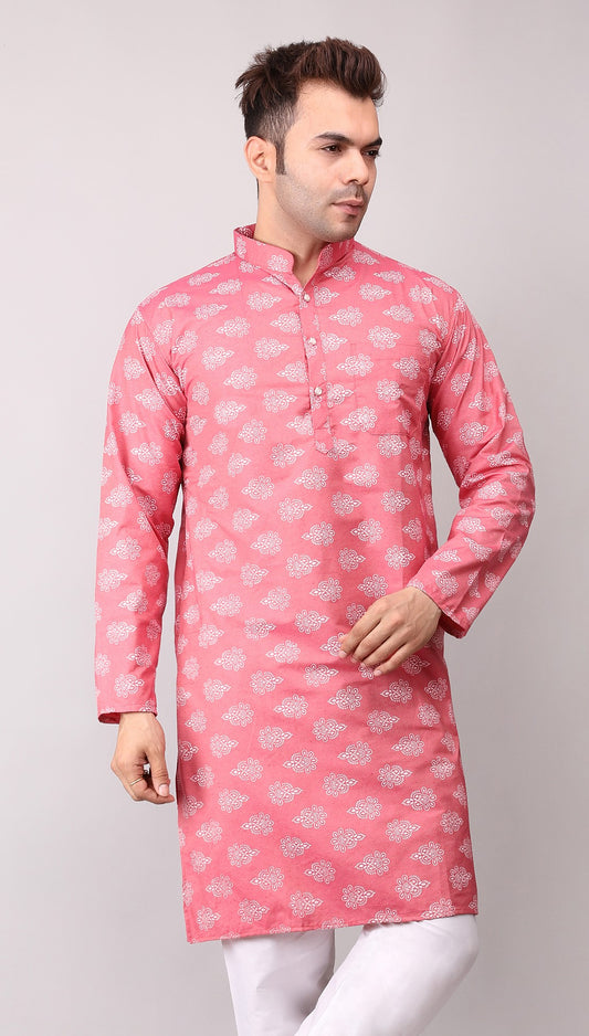 Men's Pink Printed Cotton Kurta