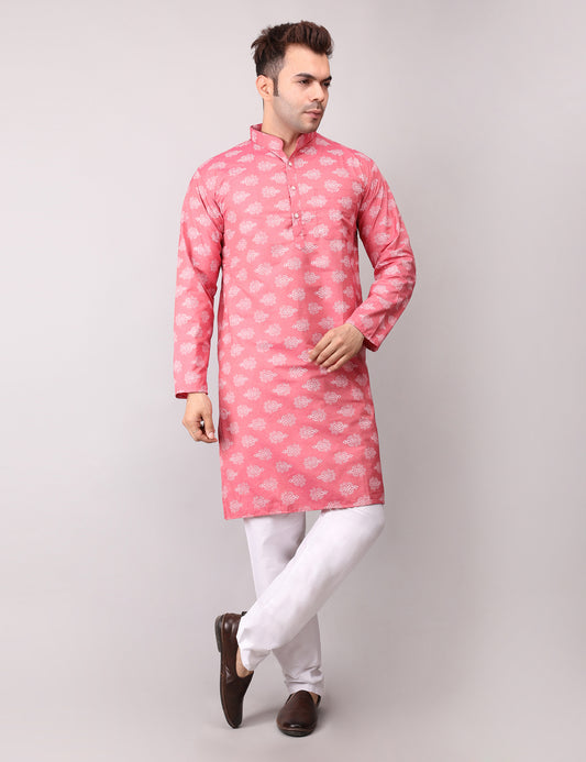 Men's Pink Cotton Printed Kurta Pajama Set