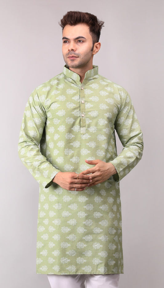 Men's Green Printed Cotton Kurta