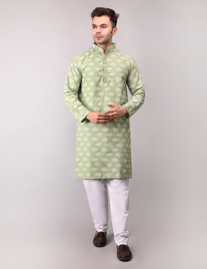 Men's Green Cotton Printed Kurta Pajama Set