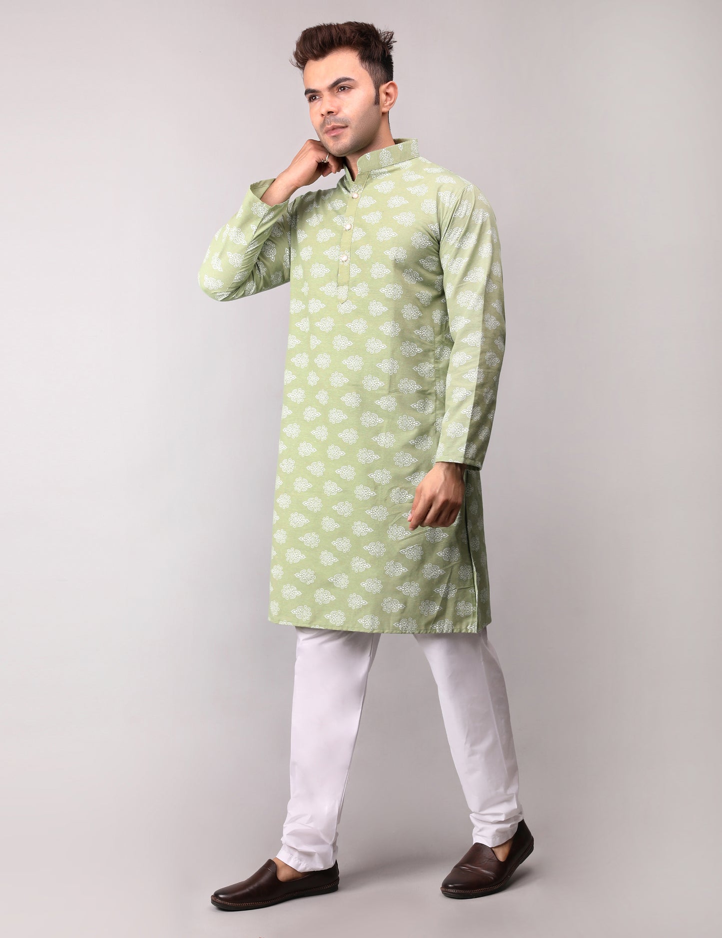 Men's Green Cotton Printed Kurta Pajama Set
