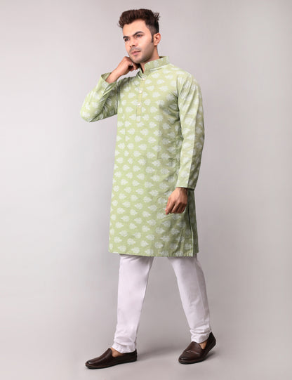 Men's Green Cotton Printed Kurta Pajama Set