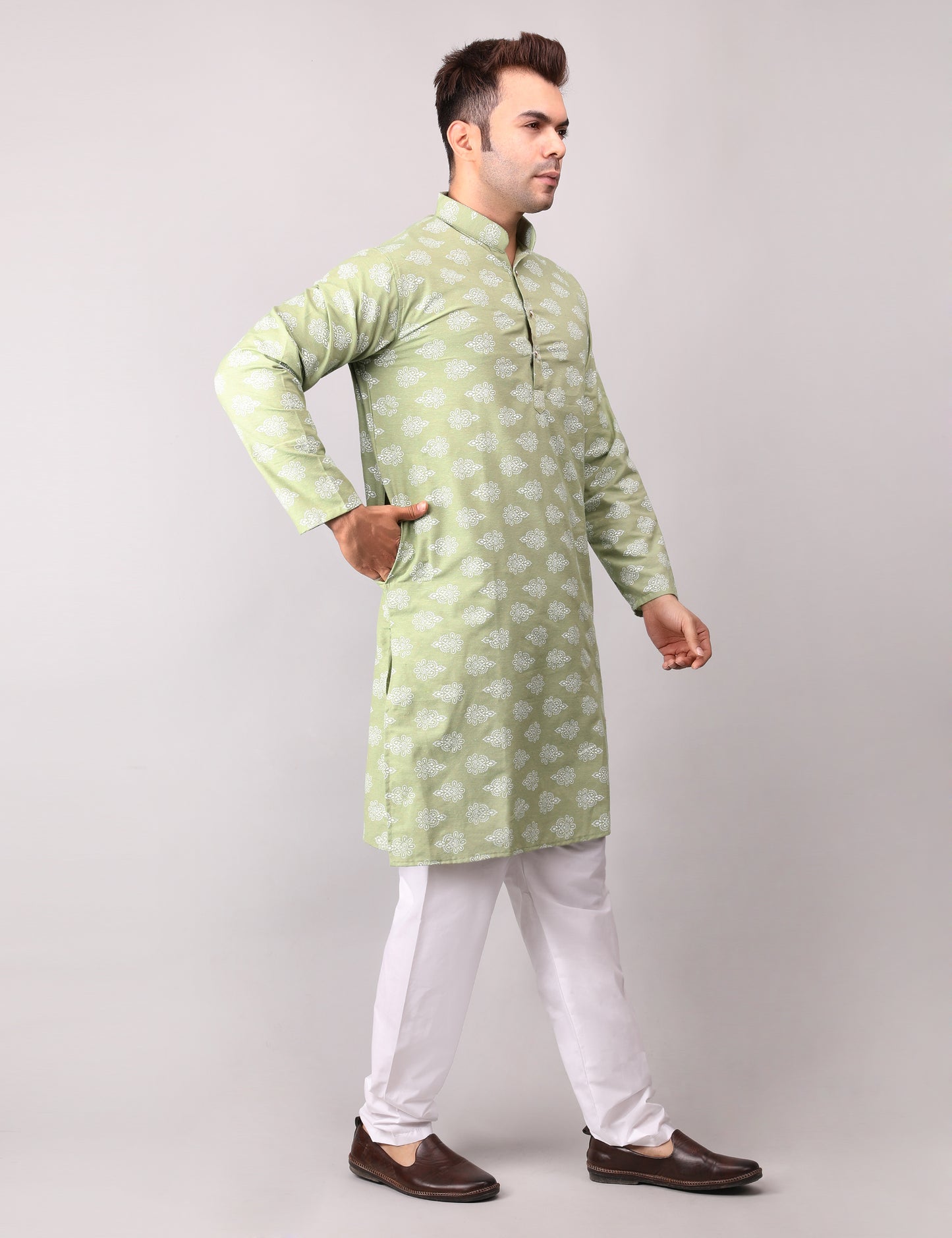 Men's Green Cotton Printed Kurta Pajama Set