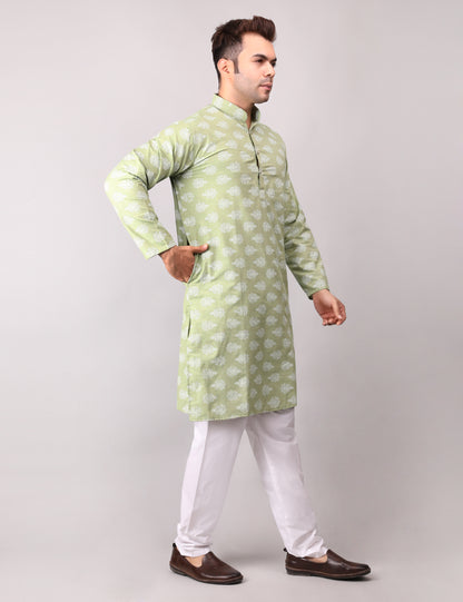 Men's Green Cotton Printed Kurta Pajama Set