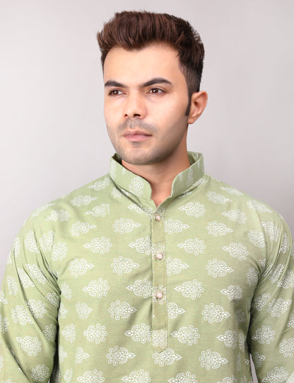 Men's Green Cotton Printed Kurta Pajama Set