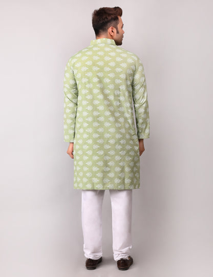 Men's Green Cotton Printed Kurta Pajama Set