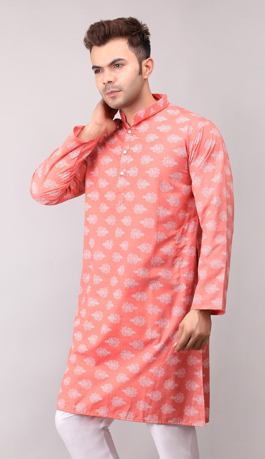 Men's Peach Printed Cotton Kurta