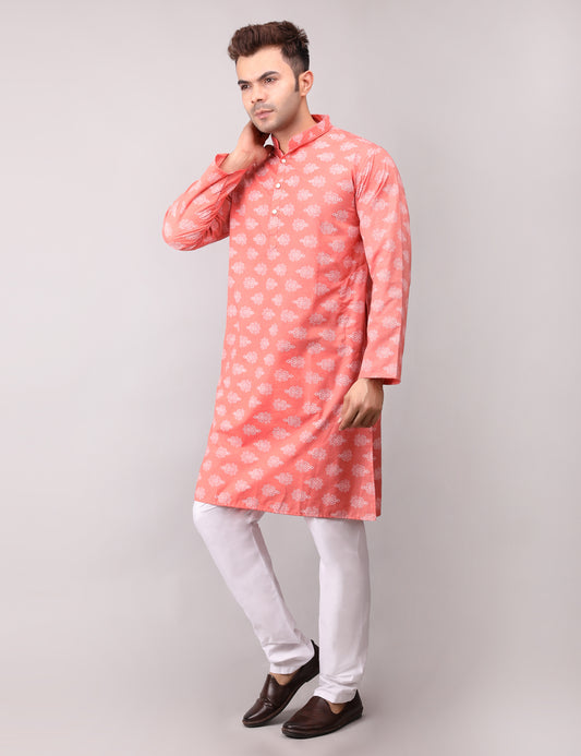 Men's Peach Cotton Printed Kurta Pajama Set