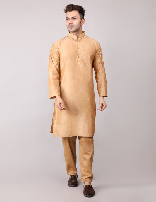 Men's Plain Beige Cotton Kurta Pajama Set