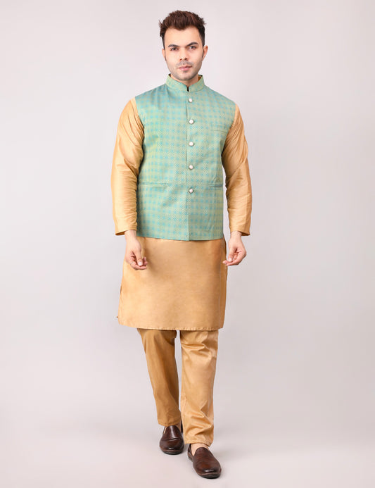 Men's Silk Blend Golden Kurta Pajama with Designer Bundi Nehru Jacket/Waistcoat Green