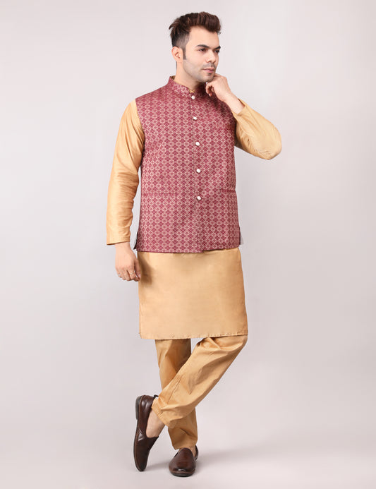 Men's Silk Blend Golden Kurta Pajama with Designer Bundi Nehru Jacket/Waistcoat Maroon