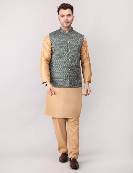 Men's Silk Blend Golden Kurta Pajama with Designer Bundi Nehru Jacket/Waistcoat Dark Green