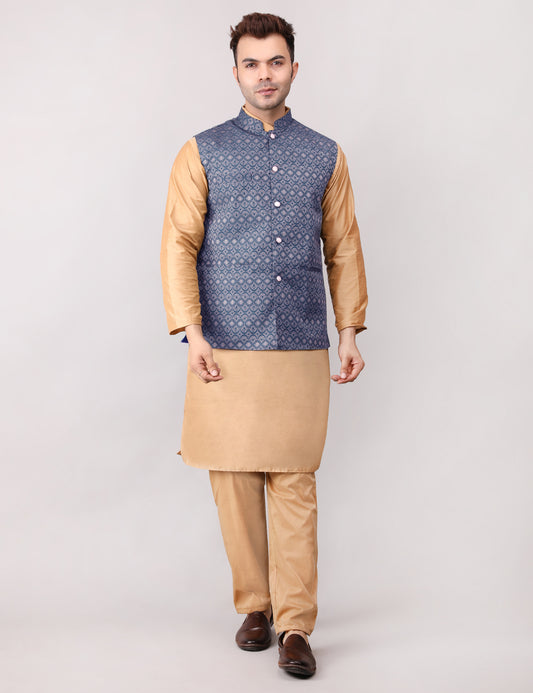 Men's Silk Blend Golden Kurta Pajama with Designer Bundi Nehru Jacket/Waistcoat Dark Blue