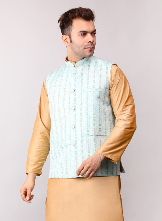 Men's Jawahar cut || Modi Jacket || Nehru Jacket Waist Coat || Vest Ethnic Wear Light Green Gold