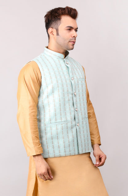 Men's Jawahar cut || Modi Jacket || Nehru Jacket Waist Coat || Vest Ethnic Wear Light Green Gold