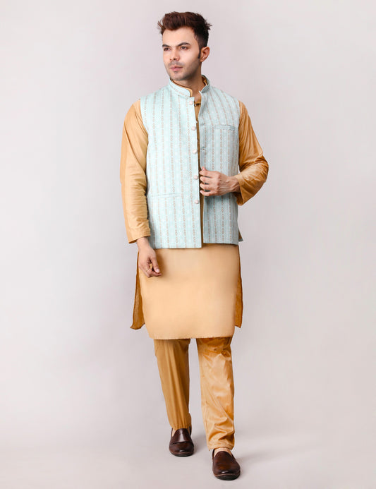 Men's Silk Blend Golden Kurta Pajama with Designer Bundi Nehru Jacket/Waistcoat Light Green